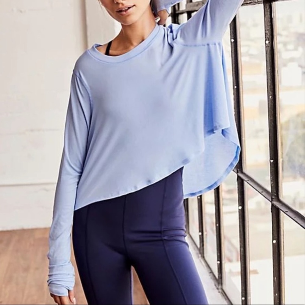 Free People Light Blue Long Sleeve Asymmetric Tee